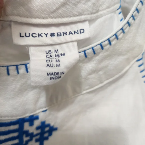 Lucky Brand 100% Linen Halter Dress Size M Embroidered White And Blue - Picture 14 of 16